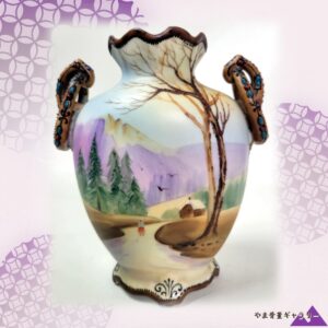 【紫の山へ続く一本道】オールドノリタケ 風景文 両耳花瓶 ジュエル装飾