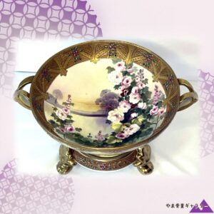 【夕暮れの野に咲く薔薇垣】オールドノリタケ 金盛 薔薇文 両耳飾鉢 台付