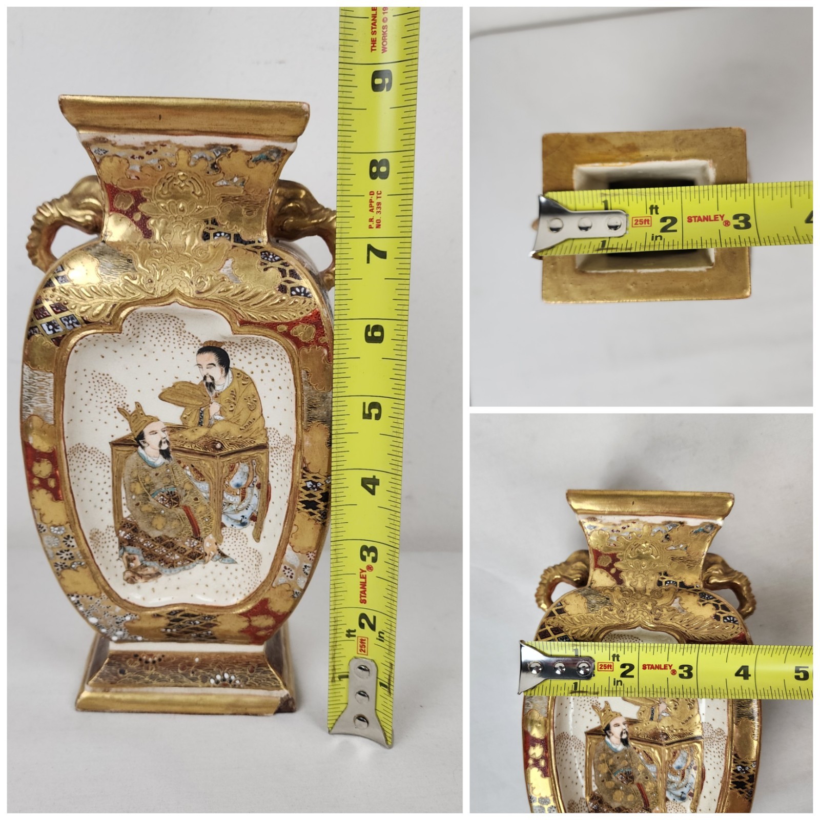 【金地に開く小さな謁見】薩摩焼 細密金彩 人物文 両耳花瓶 - 画像 (2)