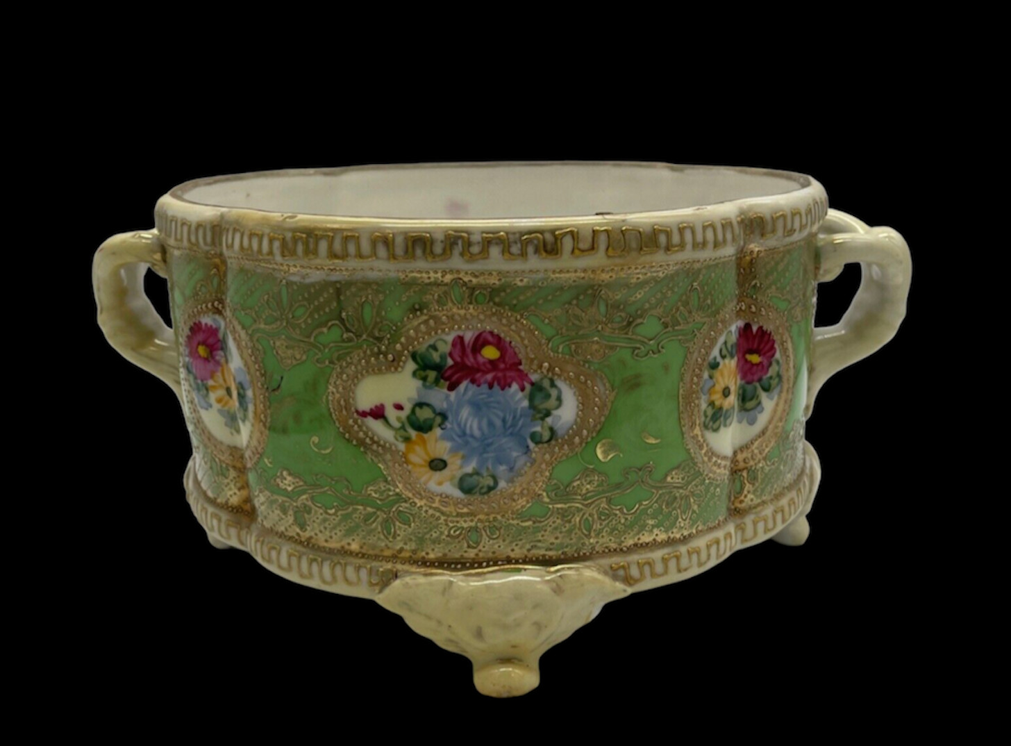 【緑の壁にひらく花の窓】オールドニッポン 金盛 花文 両耳飾鉢 金彩 - 画像 (2)
