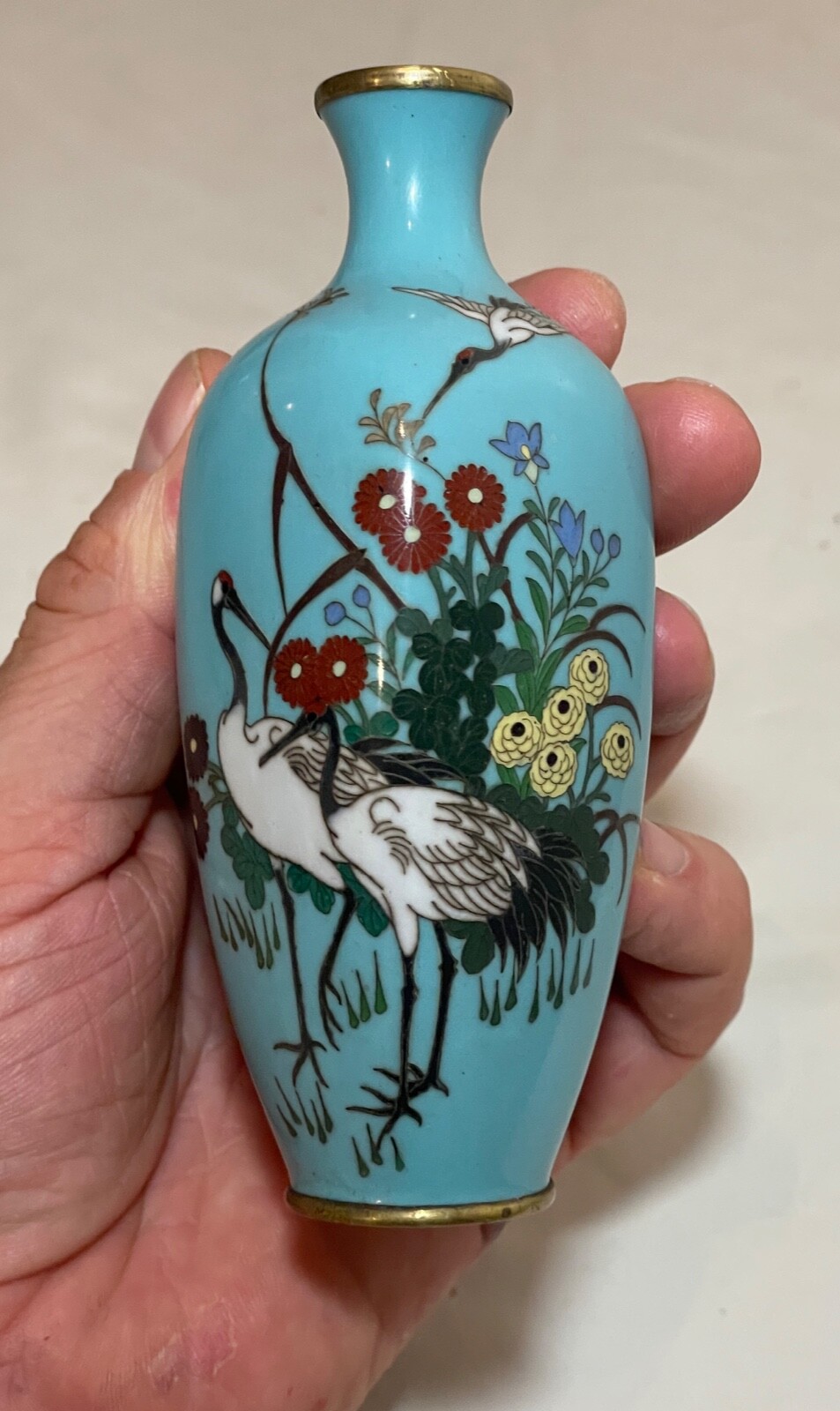 【浅葱の野に集う鶴】七宝 鶴文 花瓶 金具付 - 画像 (2)