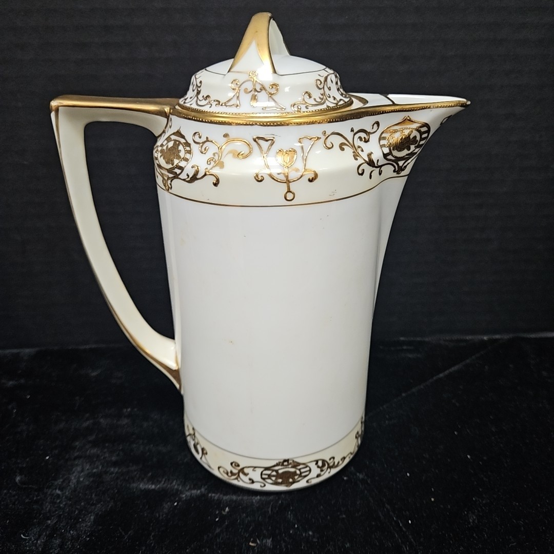 【白磁を金の蔓が走る】オールドノリタケ 金盛 唐草文 チョコレートポットセット - 画像 (2)