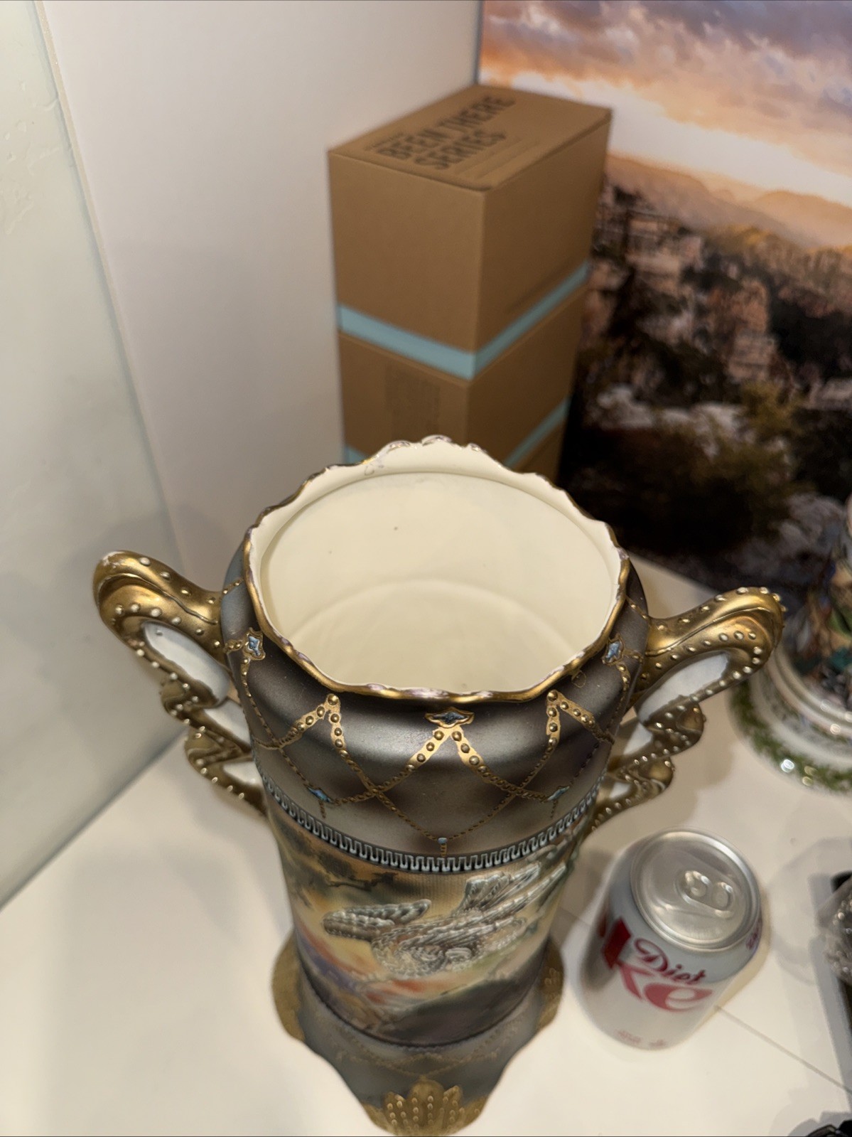 【梟が夕焼けの枝で振り向く】オールドノリタケ 盛上 梟文 両耳花瓶 ジュエル装飾 - 画像 (3)