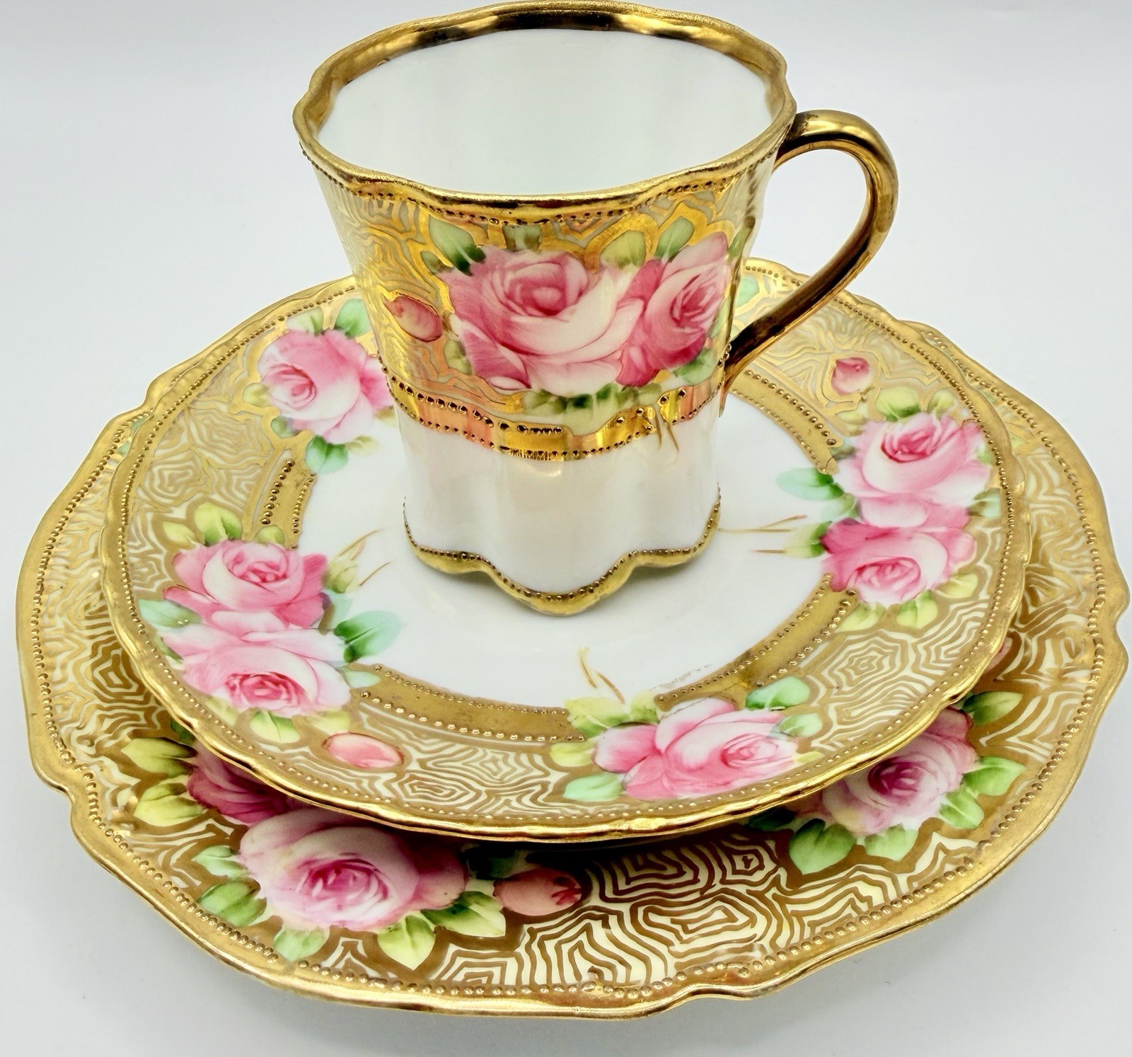 【金の粒が縁どる薔薇】オールドノリタケ 金盛 薔薇文 チョコレートポット7点揃 - 画像 (2)