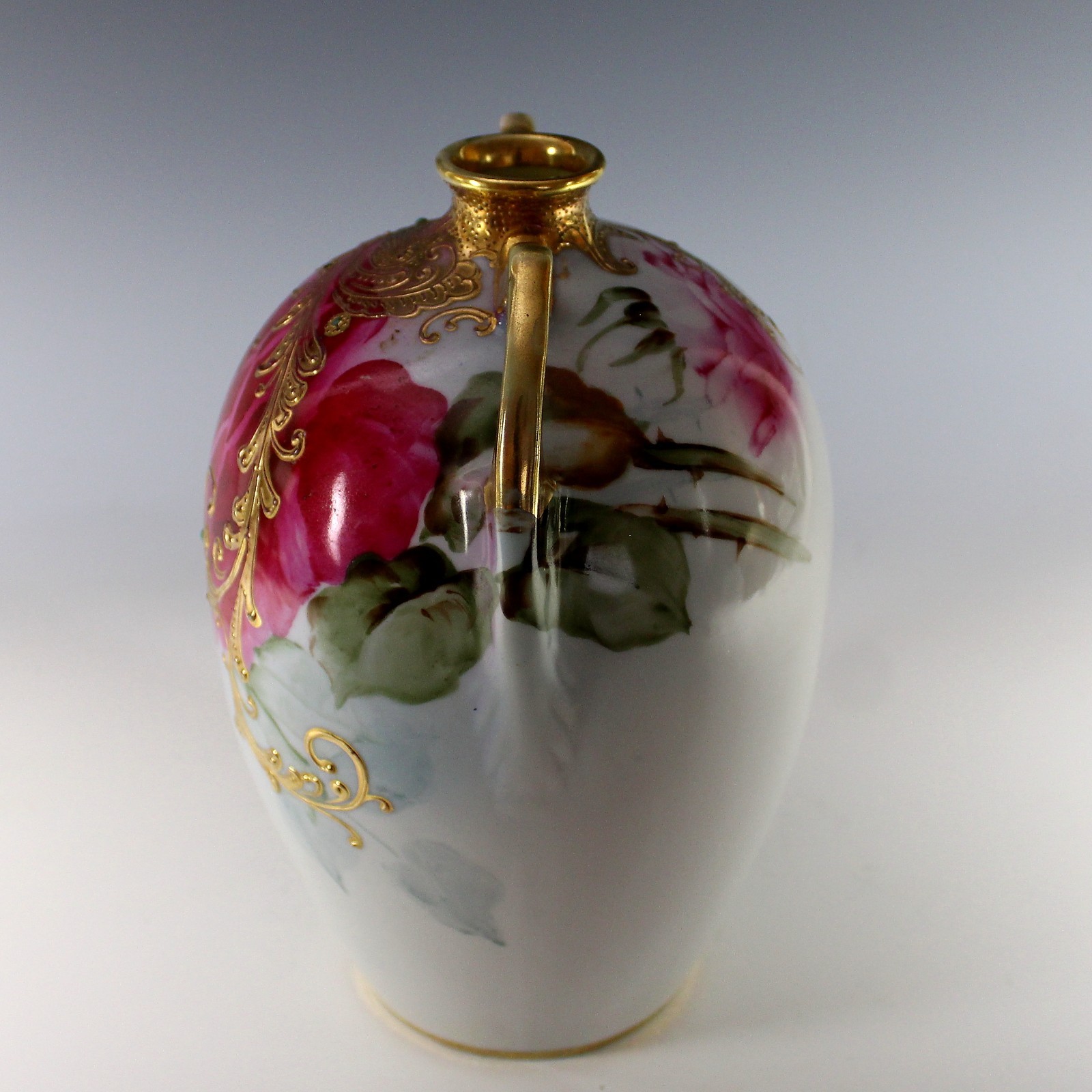 【緑の粒が縁どる紅薔薇】オールドノリタケ 金盛 ジュエル装飾 薔薇文 両耳花瓶 - 画像 (3)