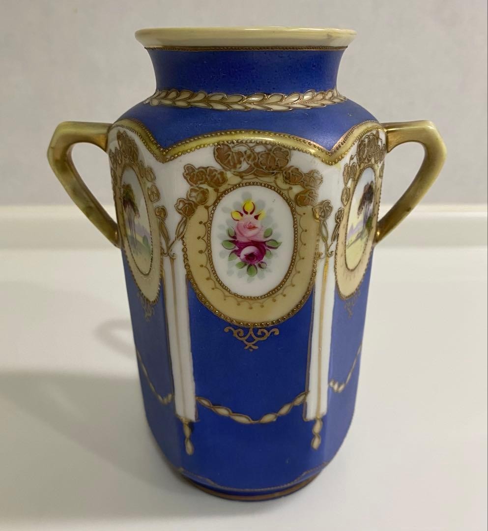【青の帳に開く小窓】オールドノリタケ コバルト金彩 風景文 両耳花瓶 - 画像 (2)