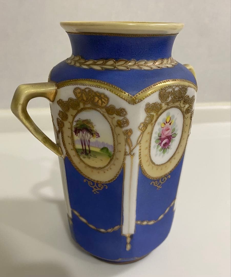 【青の帳に開く小窓】オールドノリタケ コバルト金彩 風景文 両耳花瓶 - 画像 (3)