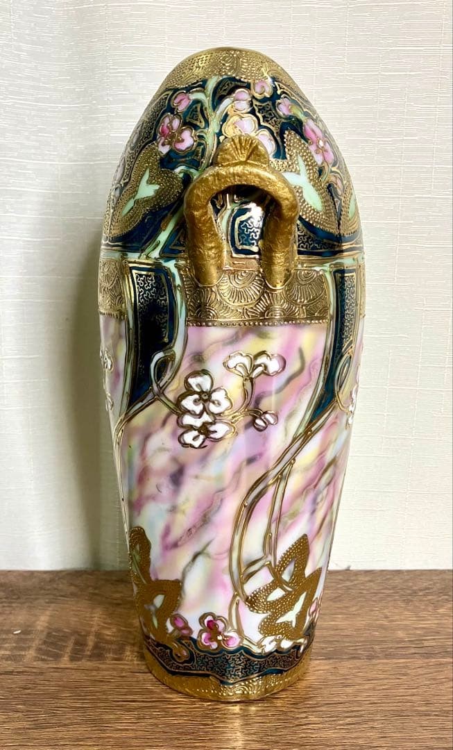 【真珠の流れを渡る蔓】オールドノリタケ 金盛 花文 両耳花瓶 ラスター彩 - 画像 (2)