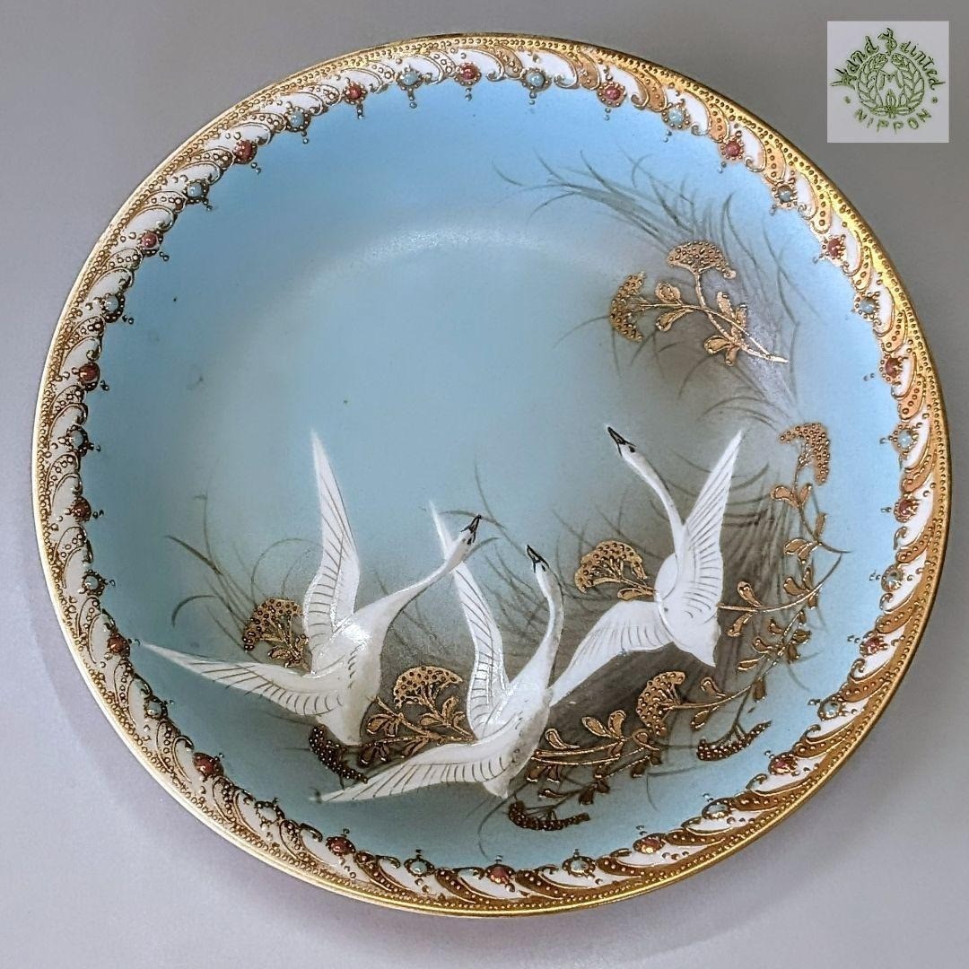 【水面を蹴る三羽の白鳥】オールドノリタケ フライングスワン ジュエル装飾 ボウル - 画像 (2)