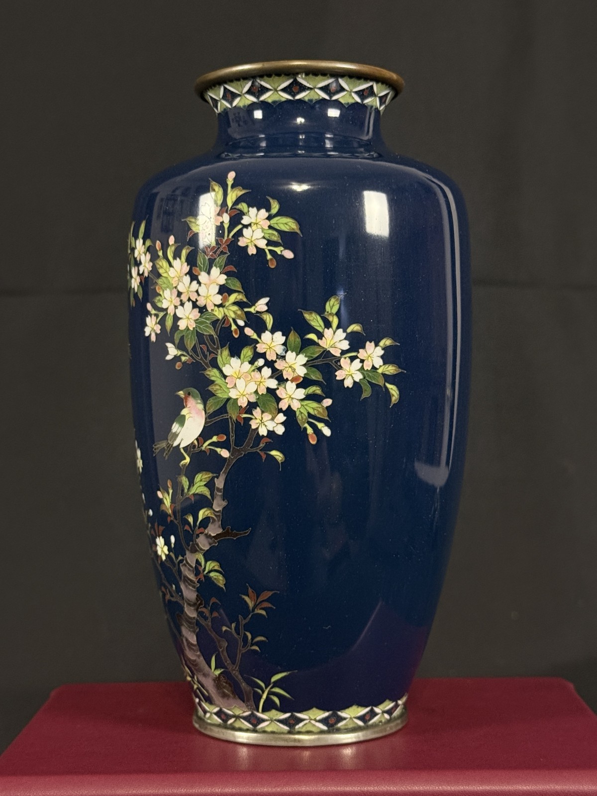 【紺の夜に桜がほころぶ】七宝 花鳥文 花瓶 有線 - 画像 (3)