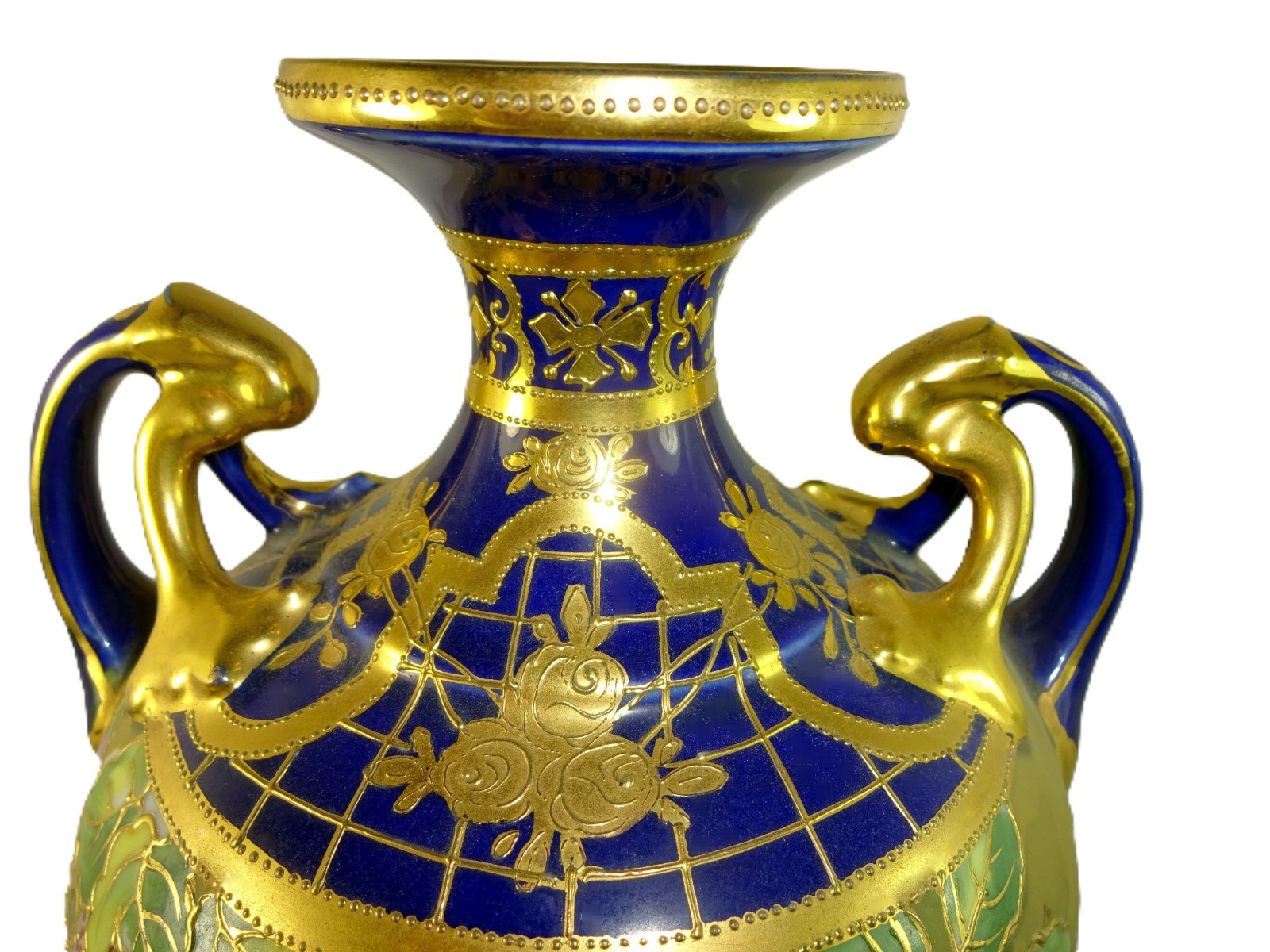 【紺と金がつくる小さな祭壇】オールドノリタケ 金盛 ビーディング 花文 台付飾壷 - 画像 (2)