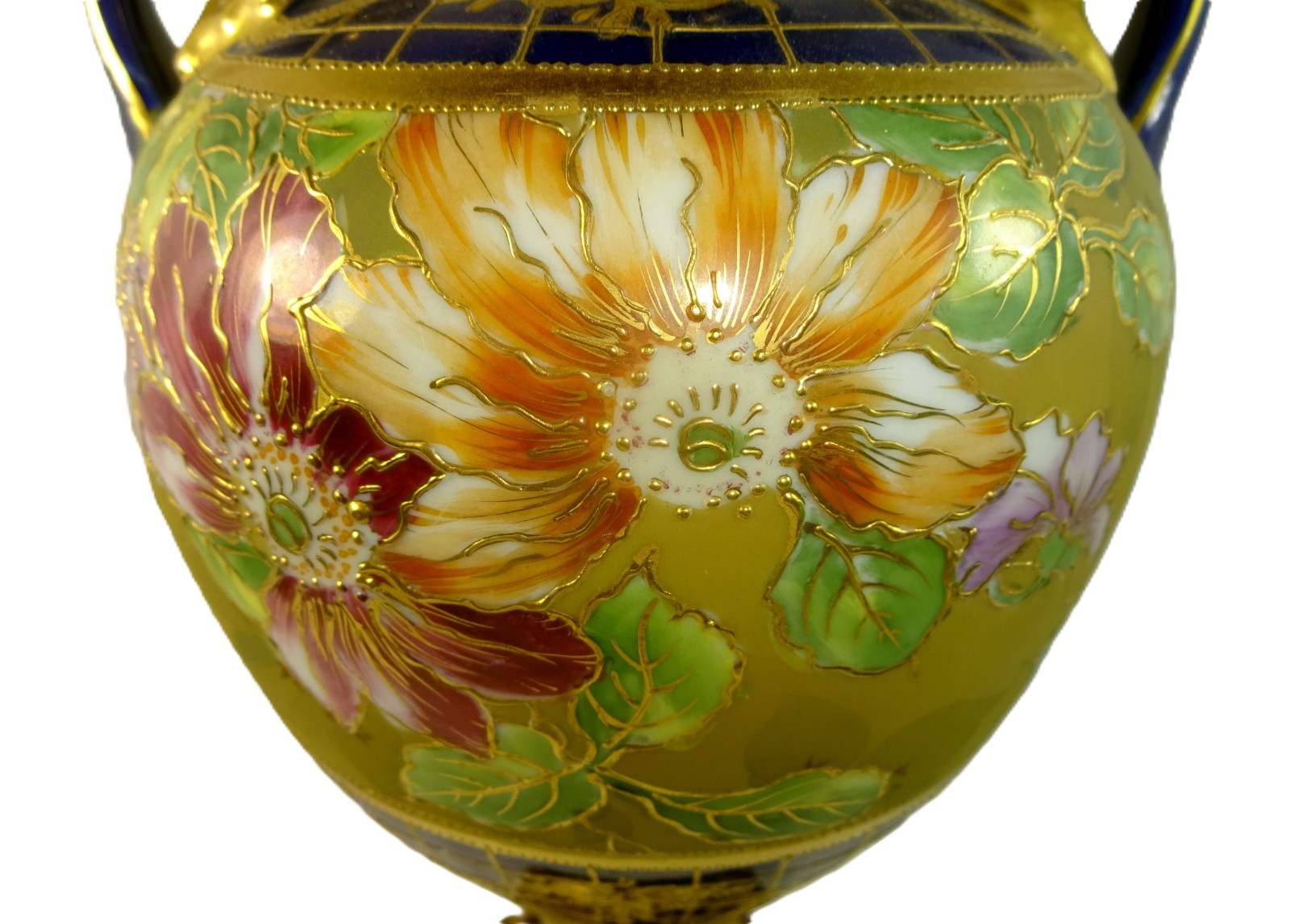【紺と金がつくる小さな祭壇】オールドノリタケ 金盛 ビーディング 花文 台付飾壷 - 画像 (3)