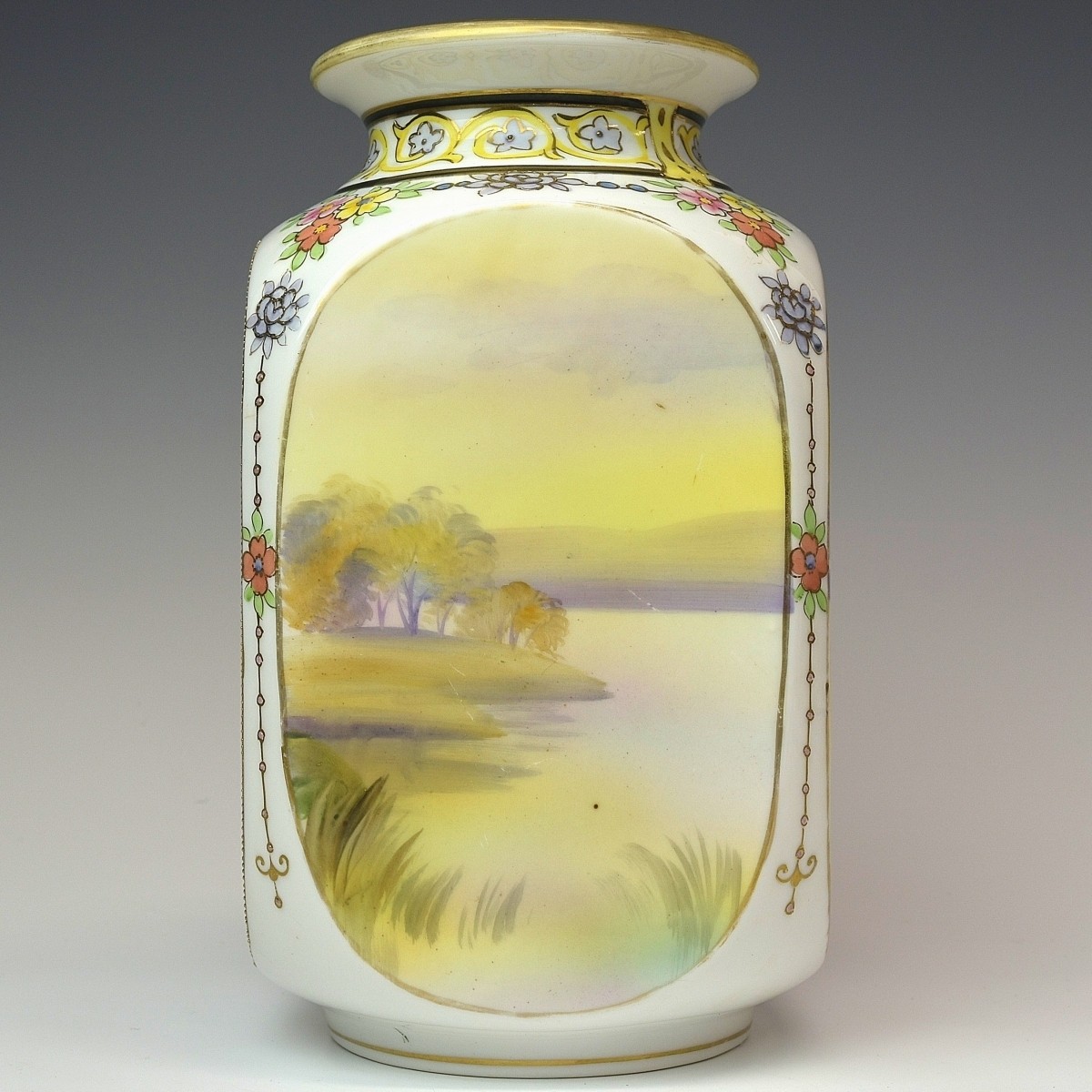 【淡い水辺の光をまとう胴】オールドノリタケ ビーディング 風景文 花瓶 金彩 - 画像 (2)
