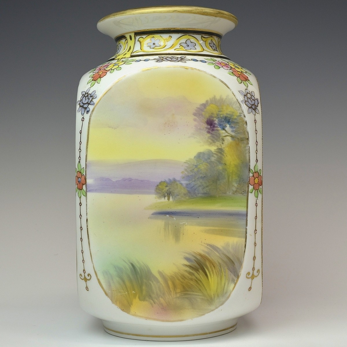 【淡い水辺の光をまとう胴】オールドノリタケ ビーディング 風景文 花瓶 金彩 - 画像 (3)