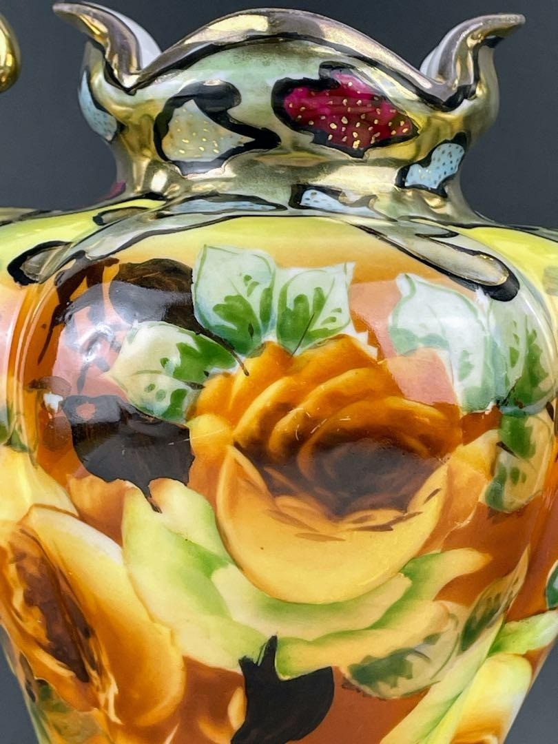 【琥珀の光にひらく薔薇】オールドノリタケ 薔薇文 両耳花瓶 金彩 - 画像 (2)