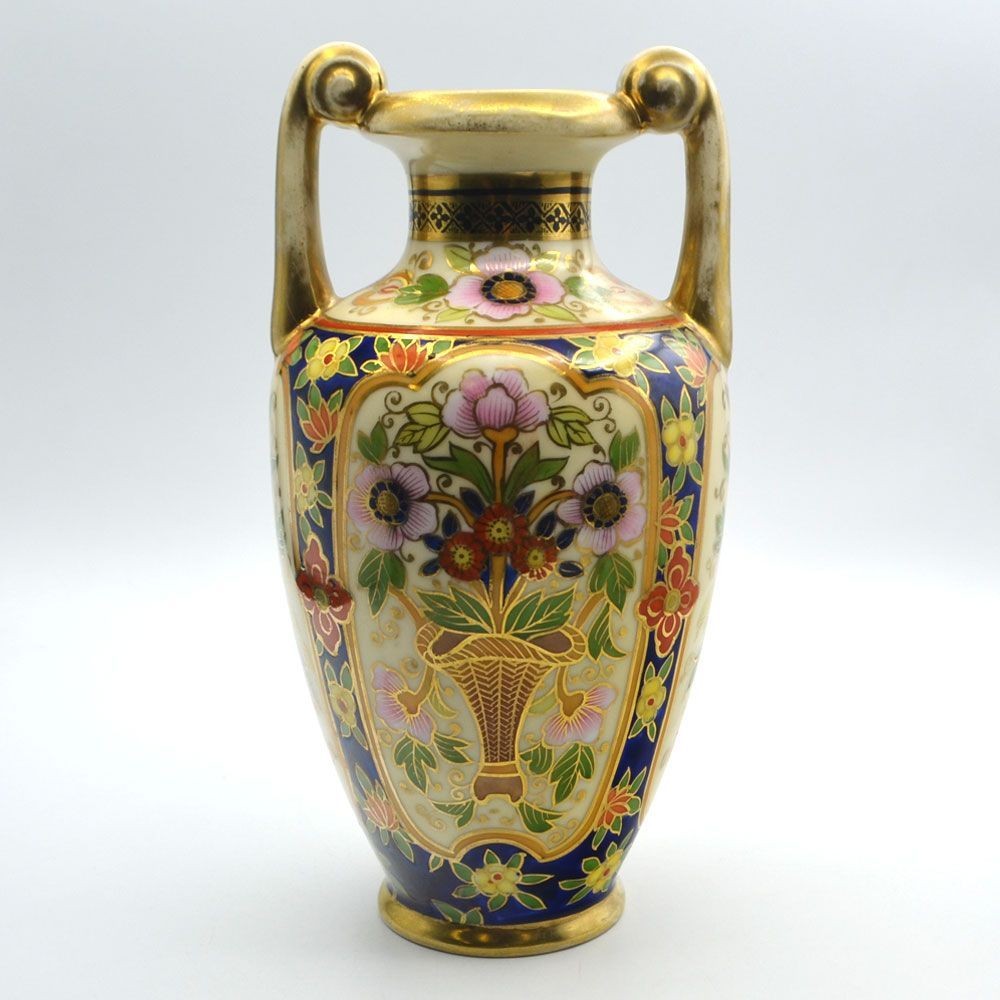 【瑠璃の窓に活ける花籠】オールドノリタケ コバルト金彩 花籠文 両耳花瓶 - 画像 (2)