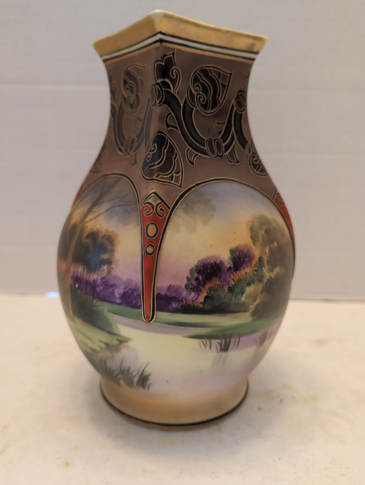 【薄暮の林が胴をめぐる】オールドノリタケ 盛上 風景文 花瓶 金彩 - 画像 (3)