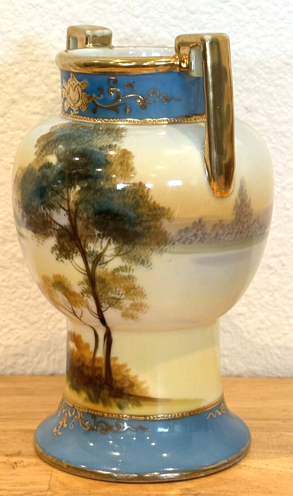 【湖の朝が把手の間に】オールドノリタケ 金盛 湖畔風景文 両耳花瓶 - 画像 (2)