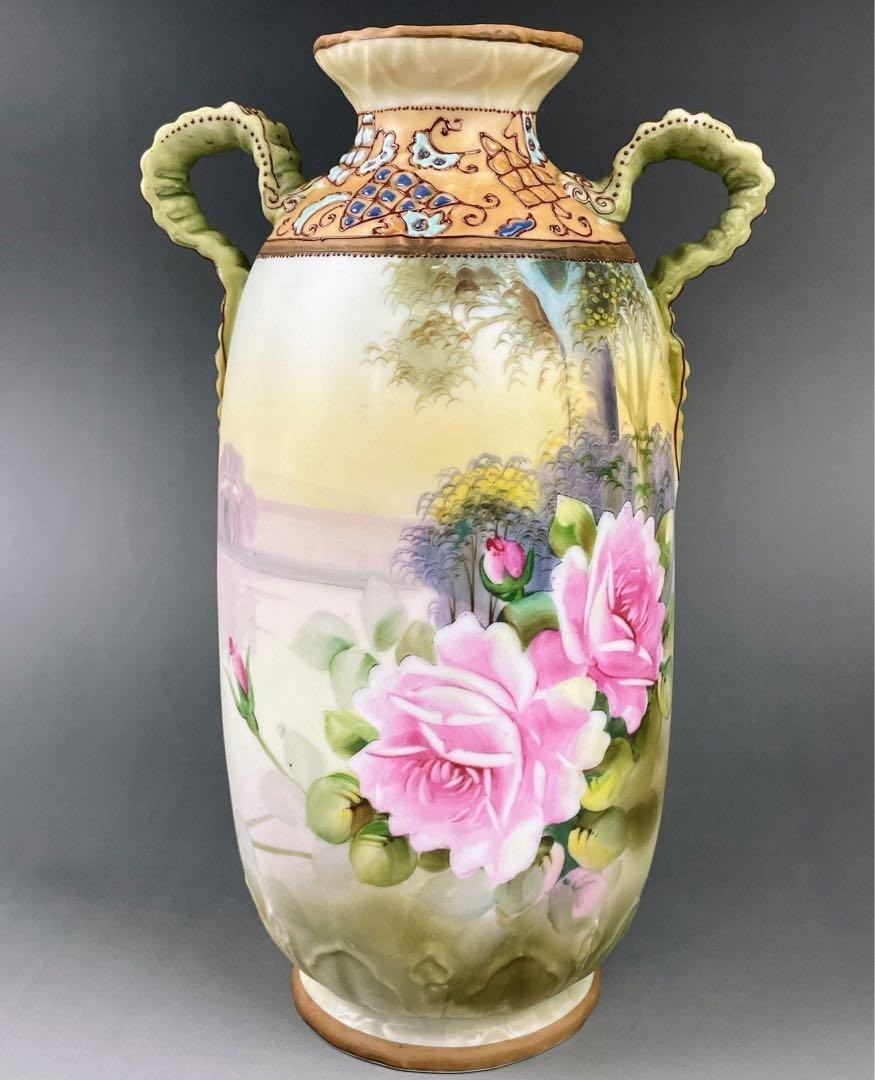 【薔薇が霞の野に浮かぶ】オールドノリタケ 盛上 薔薇文 両耳花瓶 金彩 - 画像 (2)