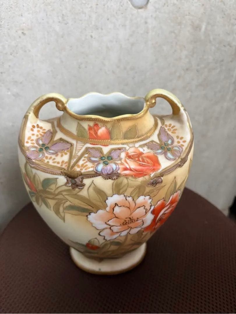 【薔薇が金の格子を越える】オールドノリタケ 金盛 薔薇文 両耳花瓶 - 画像 (2)