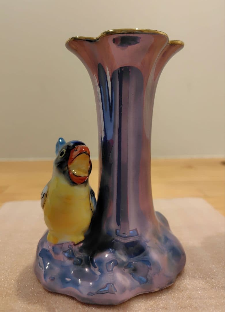 【口笛の音が虹色に滲む】オールドノリタケ アールデコ ラスター彩 鳥飾 花瓶 - 画像 (2)