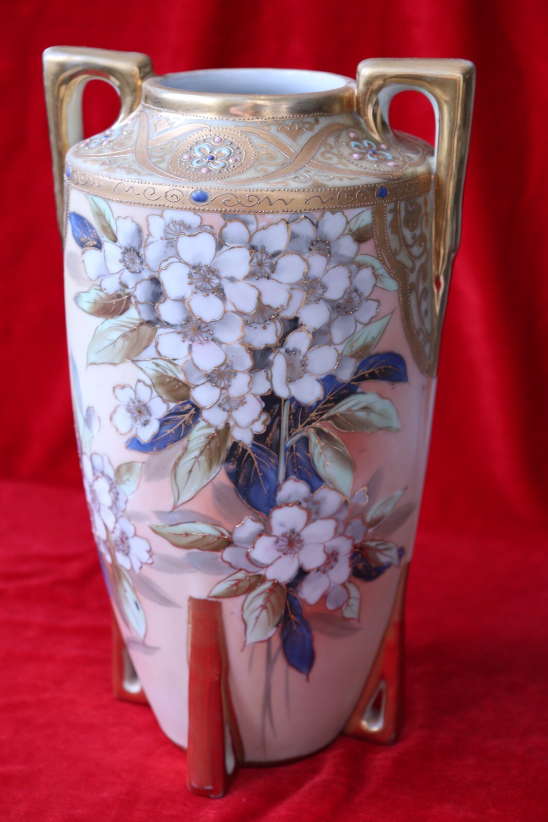 【白花が朝の光を集める】オールドノリタケ ジュエル装飾 白花文 両耳花瓶 金彩 - 画像 (2)