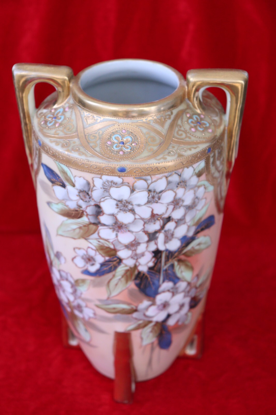 【白花が朝の光を集める】オールドノリタケ ジュエル装飾 白花文 両耳花瓶 金彩 - 画像 (3)