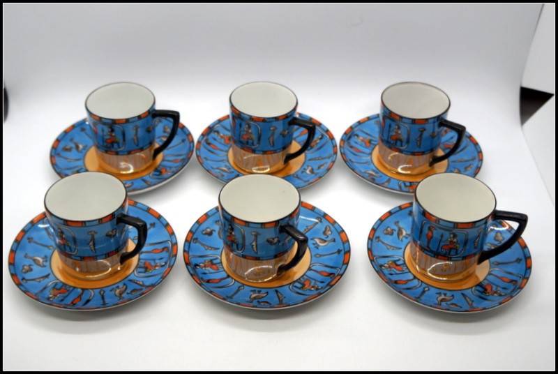 【琥珀の光沢に古代の壁画が並ぶ】オールドノリタケ ラスター彩 エジプト文 デミタス コーヒーセット 15点揃 - 画像 (3)