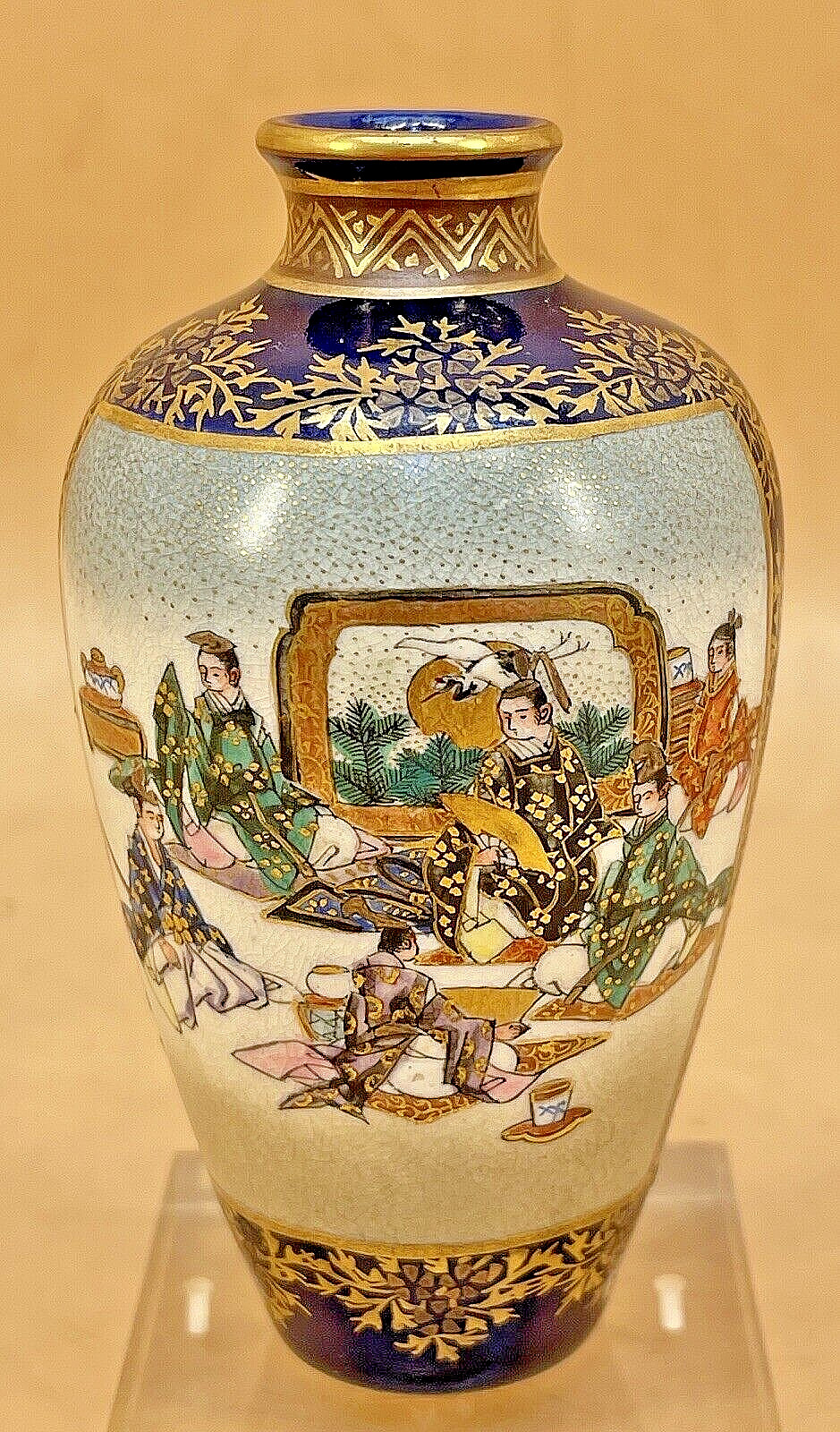 【紺地に灯る祭りの支度】薩摩焼 錦光山 呉須地 金彩 人物文 花瓶 - 画像 (3)