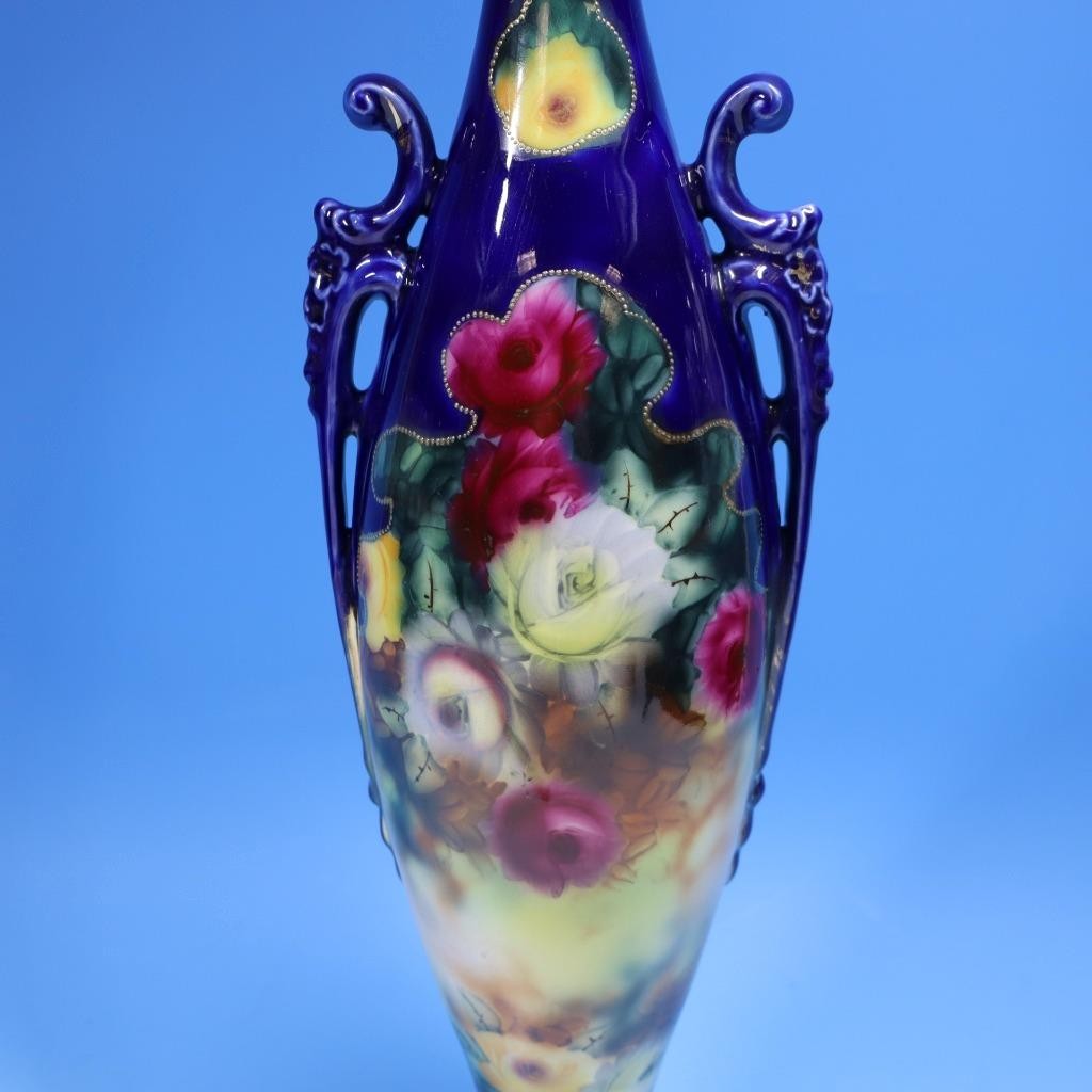 【瑠璃の柱に薔薇が咲く】オールドノリタケ コバルト 薔薇文 蓋付飾壷 金彩 - 画像 (3)