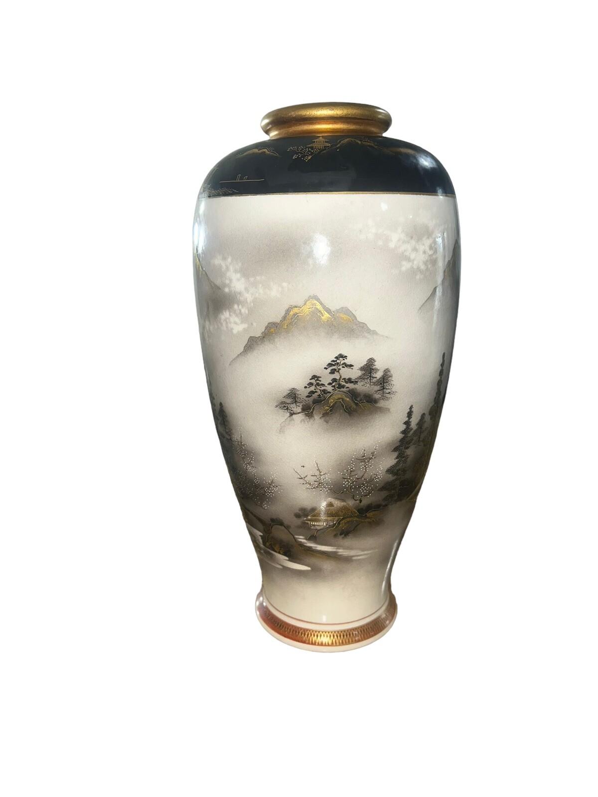 【霧が晴れて金の伽藍が現れる】薩摩焼 金彩 山水楼閣文 花瓶 墨彩 - 画像 (2)