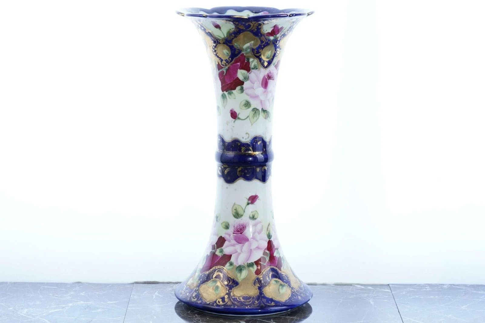 【瑠璃の帯が薔薇を締める】オールドノリタケ コバルト金彩 薔薇文 大花瓶 - 画像 (2)