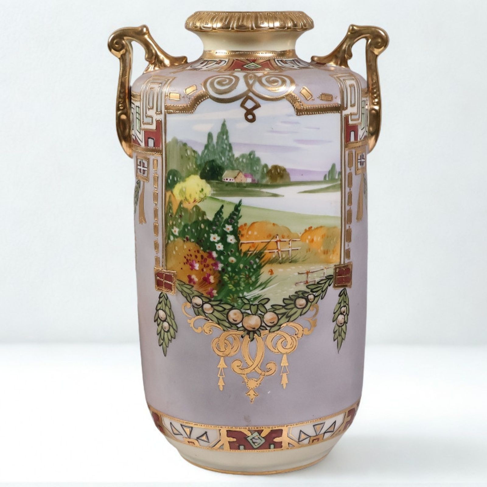 【藤鼠の空にひらく田園】オールドノリタケ 金盛 風景文 両耳花瓶 金彩 - 画像 (2)