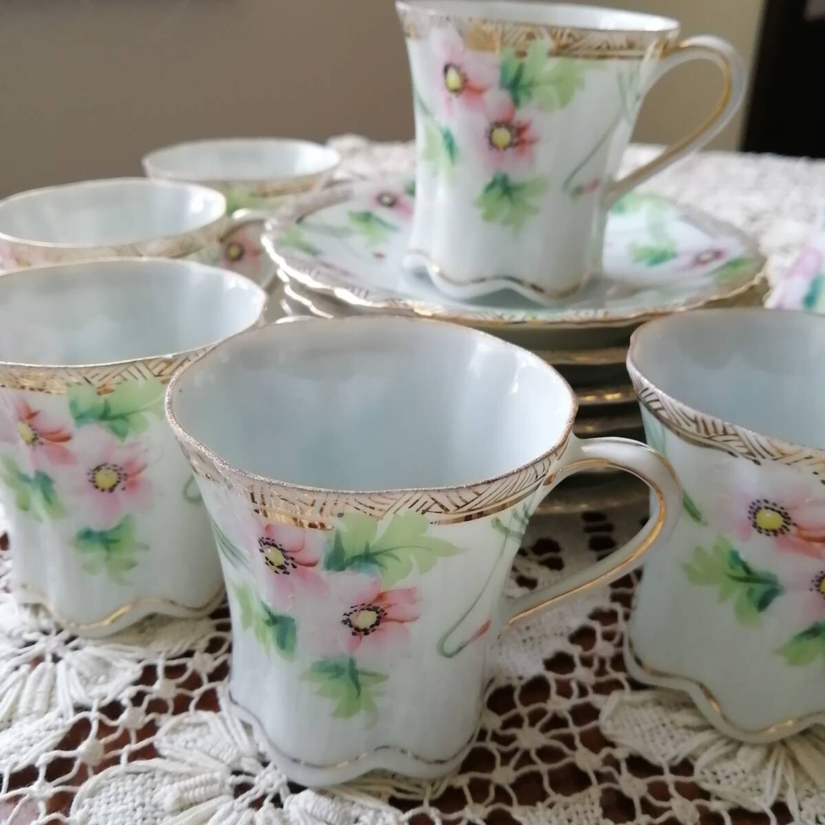 【野ばらが湯気の向こうで揺れる】オールドノリタケ 手描き 薔薇文 チョコレートセット 金彩 - 画像 (3)