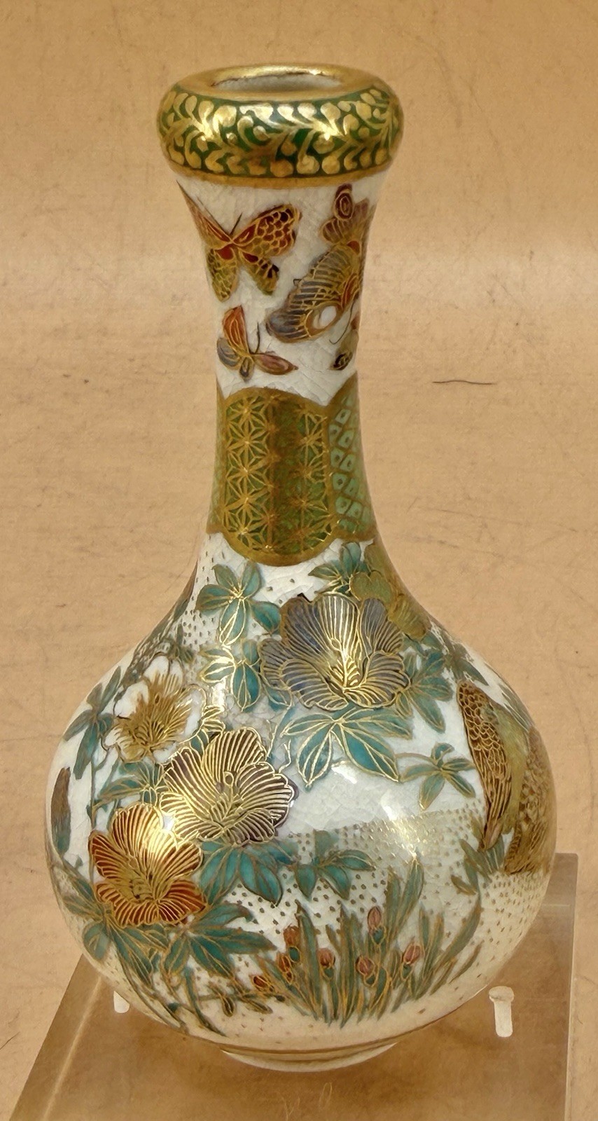 【掌におさまる草むらの朝】薩摩焼 色絵金彩 花鳥文 花瓶 細密画 - 画像 (2)