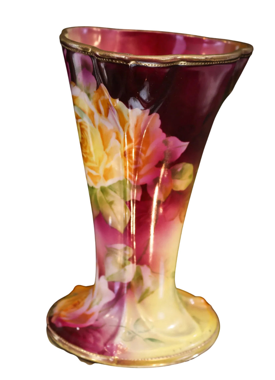 【葡萄酒色の闇に薔薇が浮く】オールドノリタケ 薔薇文 花瓶 金彩 - 画像 (2)