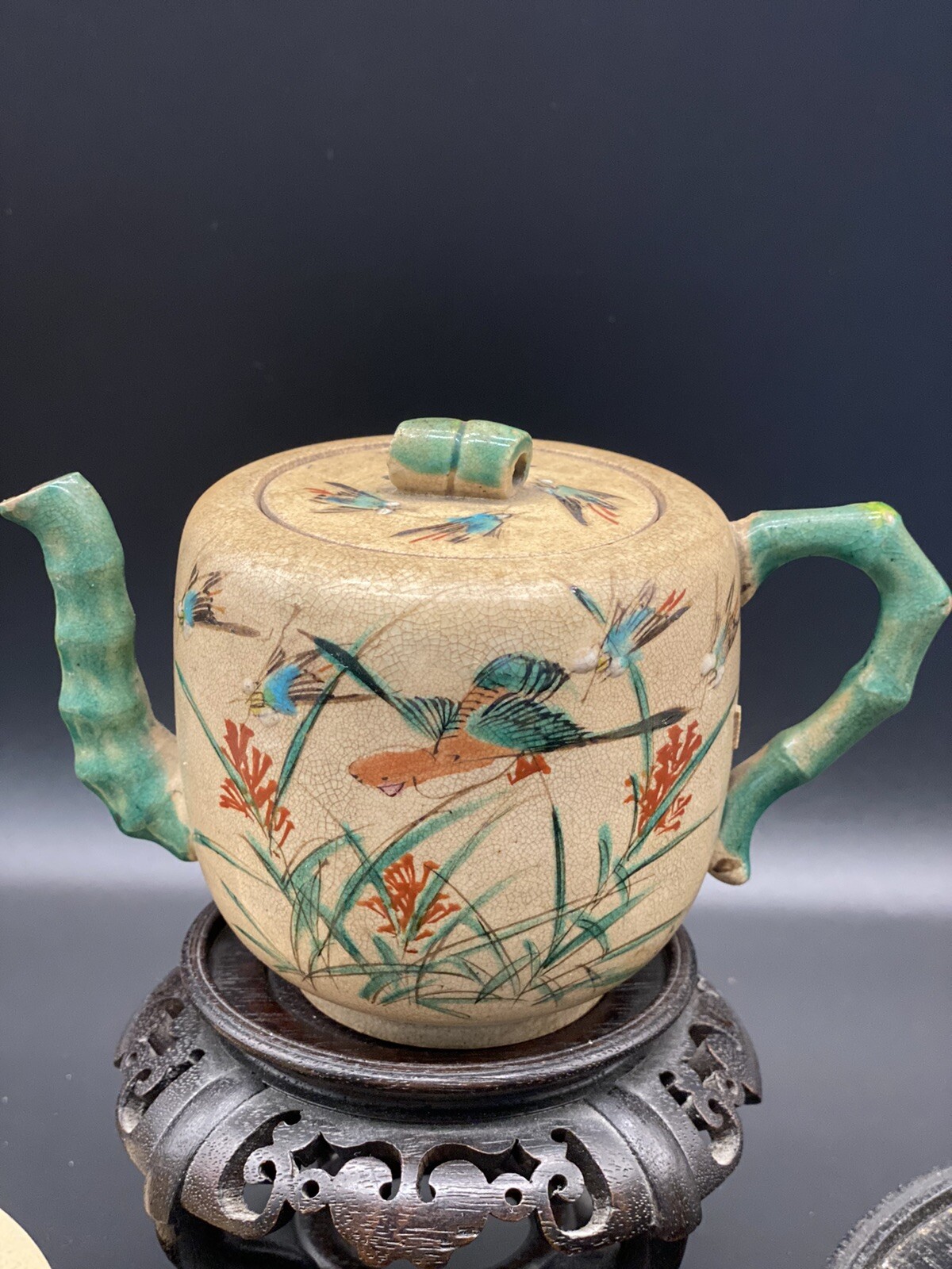 【竹の把手に止まる翡翠】京薩摩 色絵 花鳥文 ティーセット 七点 - 画像 (3)