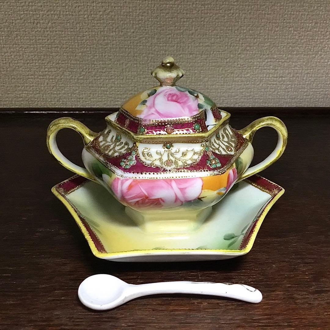 【紅地に金の蔓が巻きつく】オールドノリタケ 盛上 ジュエル装飾 薔薇文 シュガーポット 金彩 - 画像 (2)