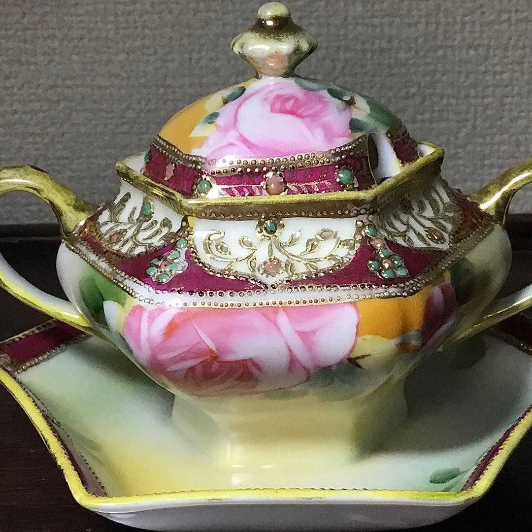 【紅地に金の蔓が巻きつく】オールドノリタケ 盛上 ジュエル装飾 薔薇文 シュガーポット 金彩 - 画像 (3)