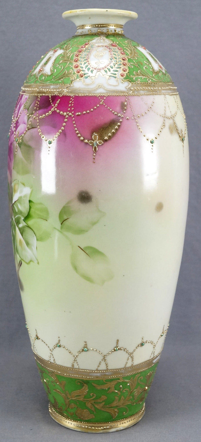 【緑の帯が薔薇を抱きとめる】オールドノリタケ 金盛 ジュエル装飾 薔薇文 花瓶 - 画像 (2)