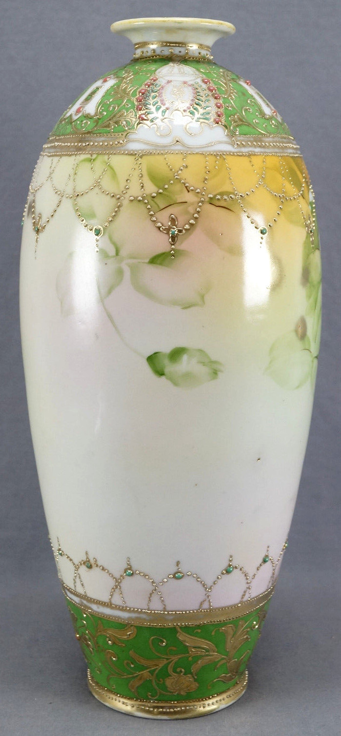 【緑の帯が薔薇を抱きとめる】オールドノリタケ 金盛 ジュエル装飾 薔薇文 花瓶 - 画像 (3)