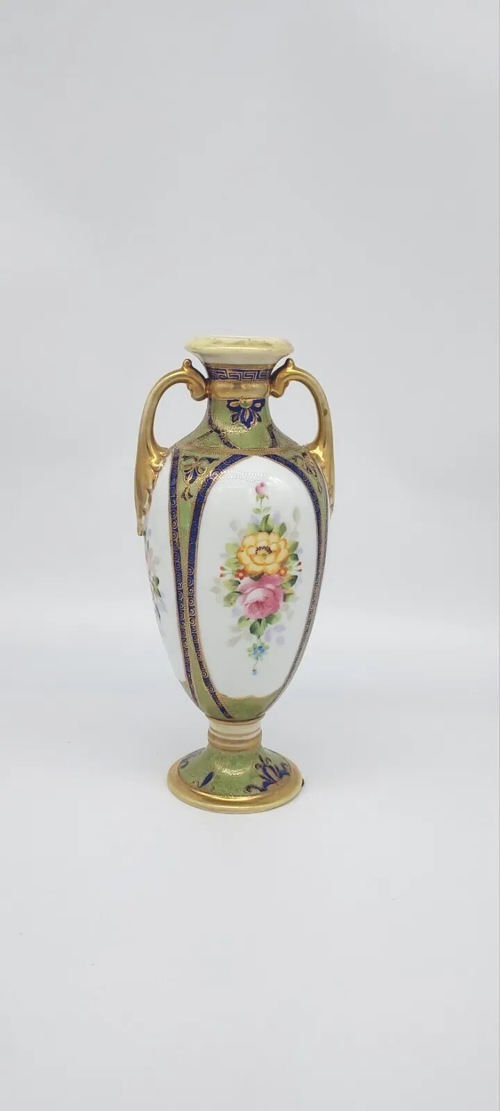 【金の把手が花束を掲げる】オールドノリタケ 金盛 花束文 両耳花瓶 金彩 - 画像 (2)