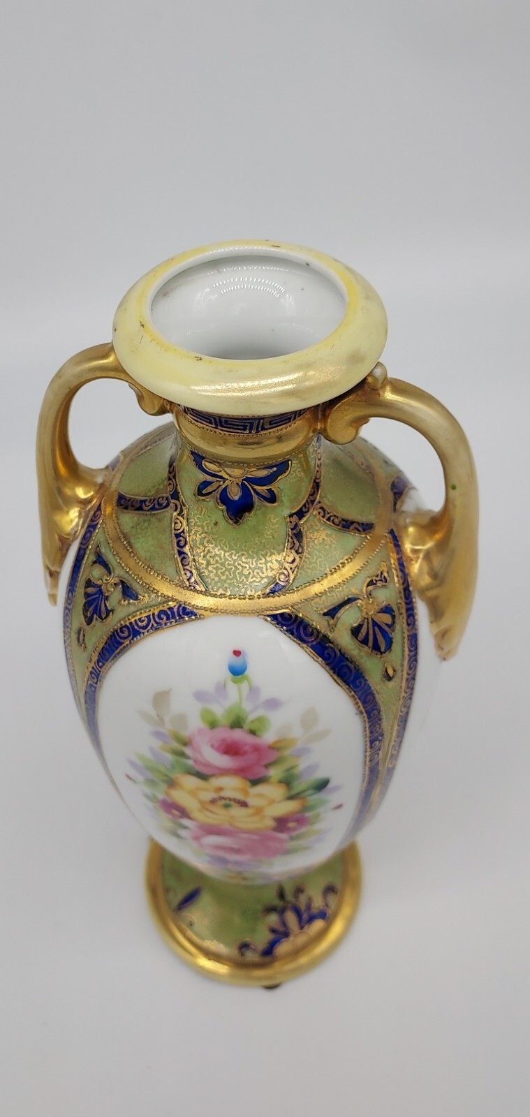【金の把手が花束を掲げる】オールドノリタケ 金盛 花束文 両耳花瓶 金彩 - 画像 (3)