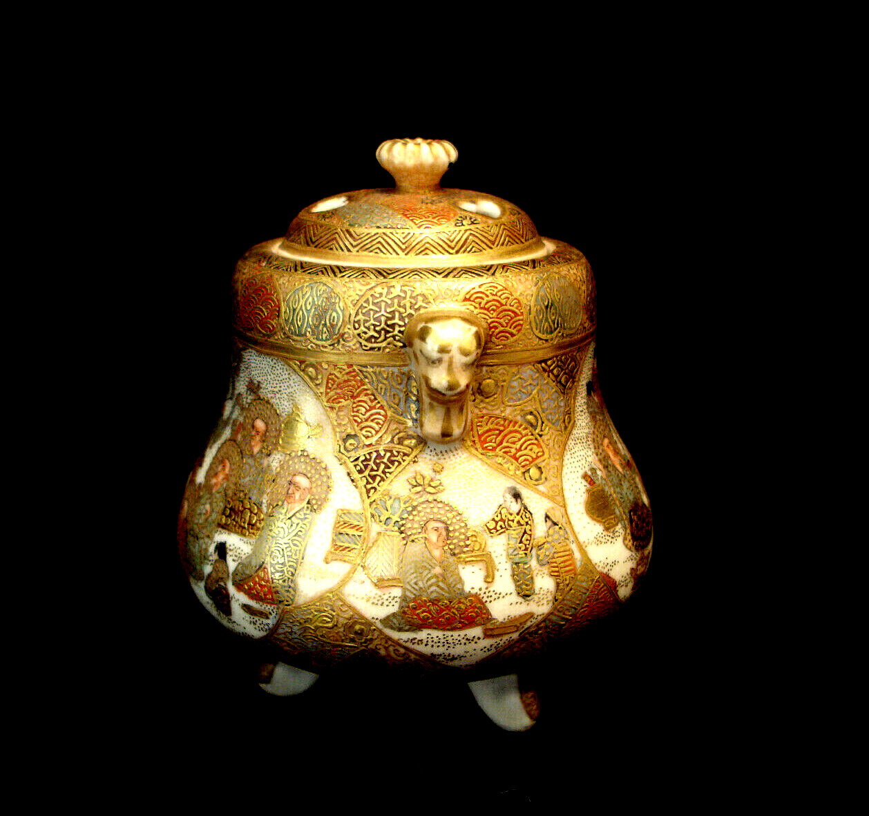 【金地に集う羅漢のさざめき】薩摩焼 五光山 細密金彩 羅漢文 香炉 三足 - 画像 (3)