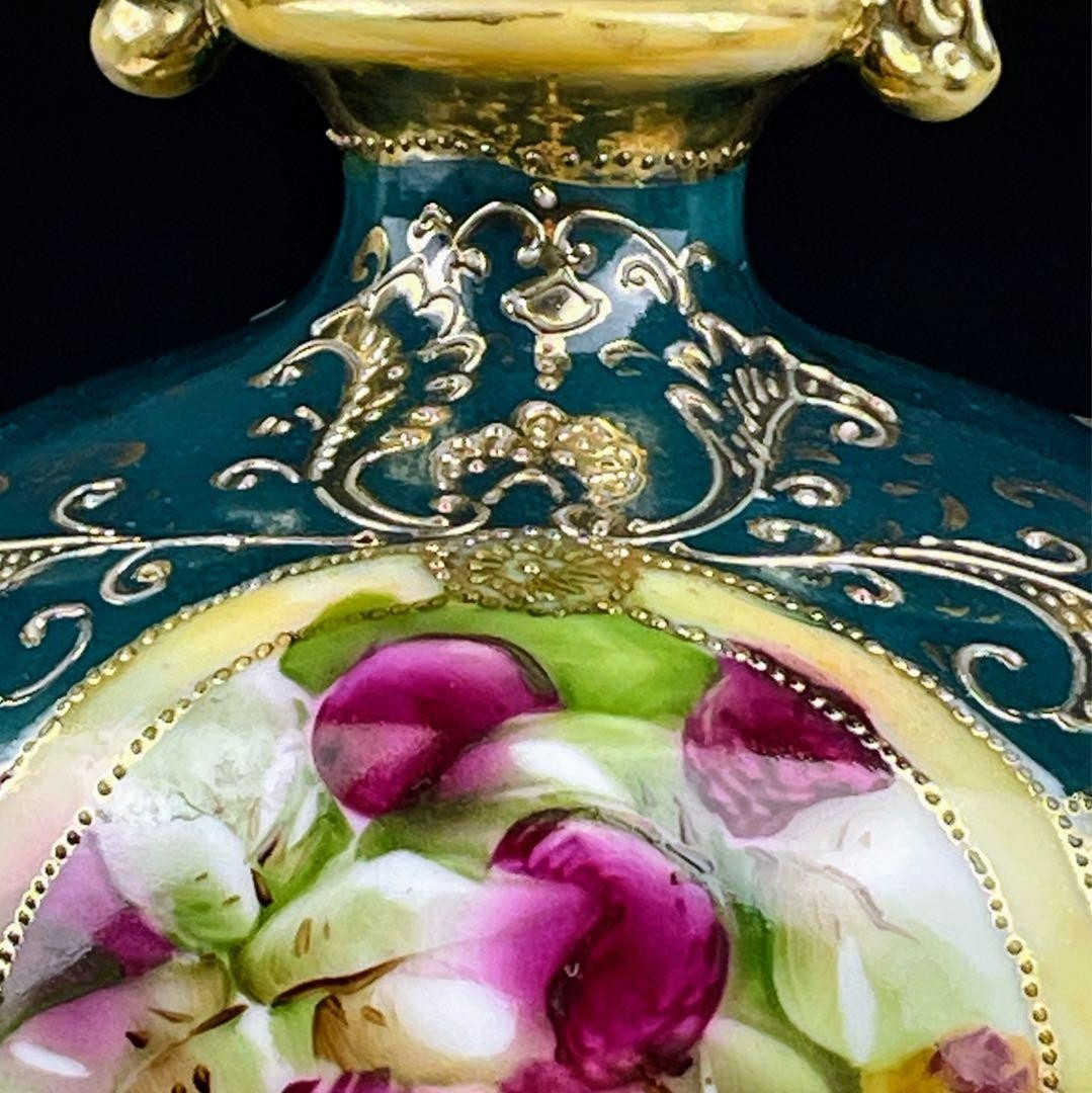 【深緑の額におさまる薔薇】オールドノリタケ 金盛 薔薇文 両耳花瓶 深緑地 - 画像 (2)