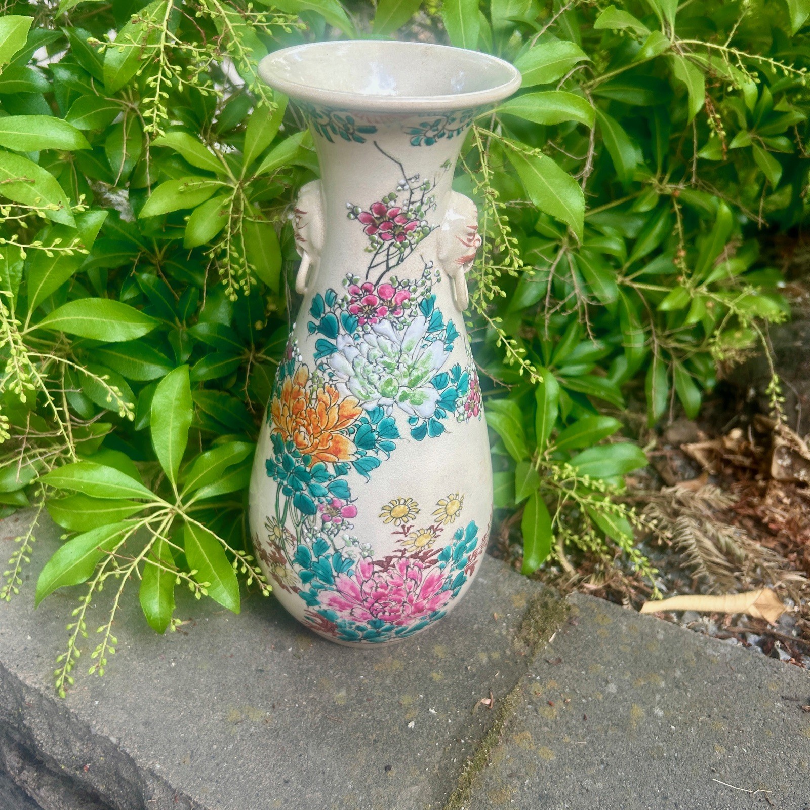 【野の花が器をひと巻きする】薩摩焼 錦光山 色絵 花鳥文 花瓶 面取耳 - 画像 (3)