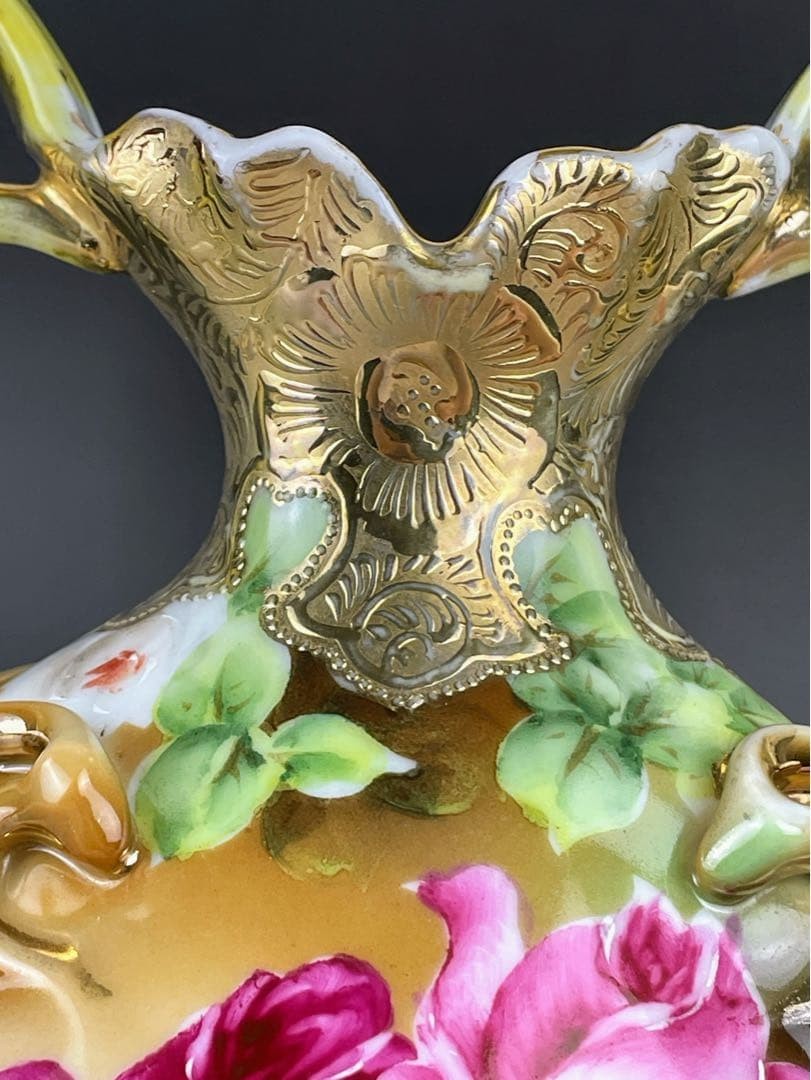 【薔薇が金の襟を飾る】オールドノリタケ 金盛 薔薇文 両耳花瓶 - 画像 (2)