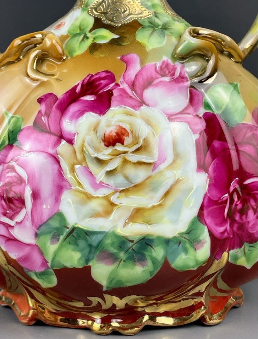 【薔薇が金の襟を飾る】オールドノリタケ 金盛 薔薇文 両耳花瓶 - 画像 (3)