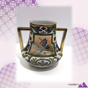 風車が湖を背に立つ】オールドノリタケ 風車風景文 両耳花瓶 色絵