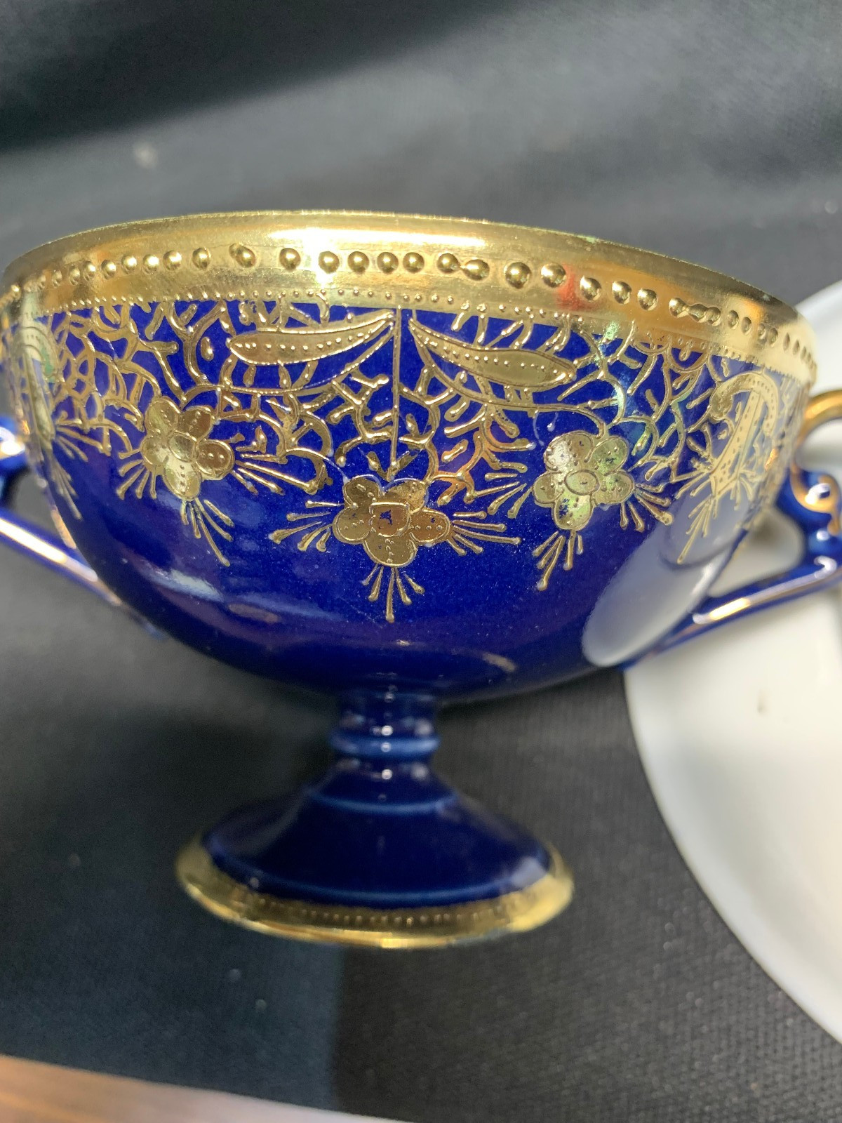 【藍に金のレースを掛ける】オールドノリタケ 金盛 コバルト金彩 蓋付クリームスープ - 画像 (2)